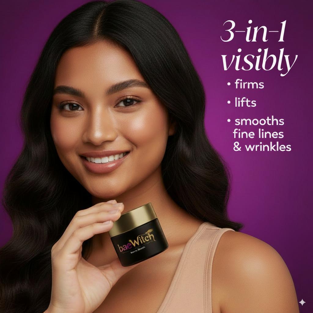 Baewitch- Woman holding a skincare product with text on a purple background