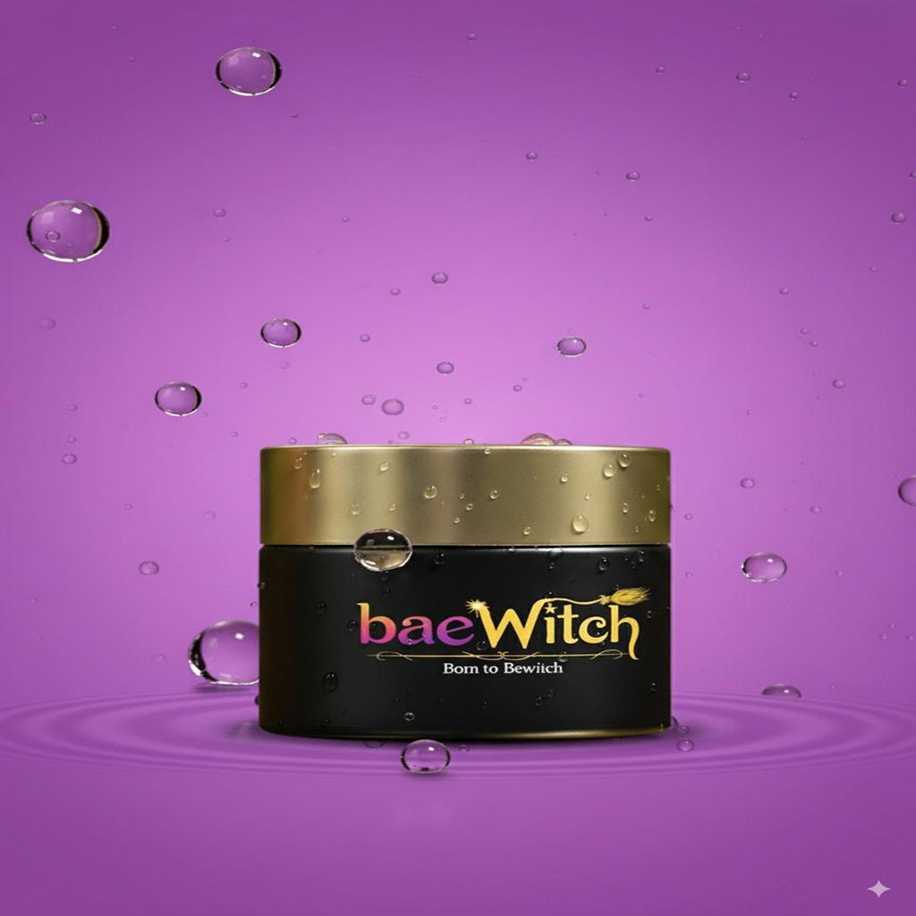 Jar of 'baeWitch' cream on a purple background with water droplets.