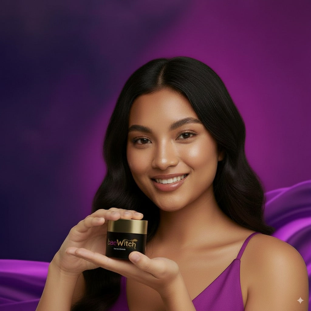 Baewitch Woman holding a product with a purple background